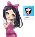  1girl absurdres belt black_hair blue_eyes bow chicken31 child dress hair_bow happy highres isabella_garcia-shapiro long_hair open_mouth phineas_and_ferb pink_belt pink_bow pink_dress shirt smile white_shirt 