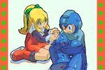  1girl artist_request blonde_hair boots green_eyes hair_ribbon knee_boots long_hair ponytail red_skirt ribbon rockman rockman_(character) rockman_(classic) roll skirt 