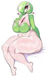  bodily_fluids breasts cleavage clothed clothing eyelashes female gardevoir generation_3_pokemon green_body heart_symbol hi_res humanoid navel nintendo pokemon pokemon_(species) red_body red_eyes saltyxodium solo sweat white_body 