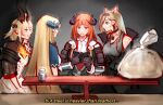  4girls animal_ears arknights bag bagpipe_(arknights) balance_scale black_hairband black_horns blonde_hair chuowae confused dragon_girl dragon_horns earpiece extra_ears feathers grey_tank_top hairband highres horn_(arknights) horns light_in_heart multiple_girls orange_hair parody plastic_bag purple_eyes reed_(arknights) reed_the_flame_shadow_(arknights) saileach_(arknights) tank_top weighing_scale wolf_ears wolf_girl 