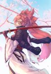  arm_ribbon baiken big_hair cherry_blossoms collared_shirt fingerless_gloves gloves guilty_gear hair_tie holding holding_sword holding_weapon jacket jacket_on_shoulders japanese_clothes kimono long_hair looking_to_the_side obi one_eye_closed online_neet open_clothes open_jacket over_shoulder petals pipe_in_mouth red-tinted_eyewear red_hair red_ribbon ribbon samurai sash scar scar_across_eye shirt smoking_pipe sword sword_over_shoulder tinted_eyewear torn_clothes torn_sleeves weapon weapon_over_shoulder white_kimono 