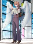  1boy a_hubert angel_wings bag bell-bottoms blue_bow bow bowtie brown_bag brown_eyes brown_footwear brown_hair brown_pants chain_paradox city cloud cuff_links day full_body hair_over_one_eye hair_over_shoulder hair_ribbon handbag high-waist_pants high_heels highres holding holding_phone indoors loafers long_hair long_sleeves looking_at_phone low_ponytail male_focus pants phone pillar red_ribbon ribbon satono_omo shirt shirt_tucked_in shoes smile solo standing white_bow white_bowtie white_shirt white_wings window wings 