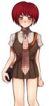  1girl arms_at_sides bag blush breasts closed_mouth collared_shirt danganronpa_(series) danganronpa_2:_goodbye_despair freckles green_skirt grey_eyes grey_shirt highres holding holding_bag koizumi_mahiru kun_(oxx_kn_xxo) large_breasts looking_at_viewer miniskirt necktie plaid_necktie pleated_skirt red_hair shirt short_hair short_sleeves shoulder_bag simple_background skirt solo white_background 