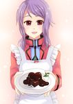  anew_returner apron celestial_being_uniform chocolate chocolate_heart chocolate_syrup gundam gundam_00 heart incoming_gift long_hair looking_at_viewer open_mouth otabe_sakura plate purple_hair red_eyes solo valentine 