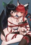  2girls absurdres animal_ears asymmetrical_docking black_bow black_bra black_hair black_thighhighs black_wings blue_background blush bound bow bra braid breast_press breasts cat_ears cat_tail cleavage closed_mouth commission feathered_wings garter_belt green_bow hair_between_eyes hair_bow hantata highres holding_hands kaenbyou_rin large_breasts long_hair multiple_girls multiple_tails navel red_eyes red_hair red_ribbon reiuji_utsuho ribbon ribbon_bondage simple_background tail thighhighs touhou two_tails underwear white_bra white_thighhighs wings yuri 