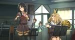  black_hair black_thighhighs blue_eyes blue_neckerchief blush brown_hair brown_serafuku brown_shirt brown_skirt commentary_request cymbals fuyuhino green_eyes hair_ribbon hibike!_euphonium highres holding holding_instrument implied_yuri indoors instrument kitauji_high_school_uniform kousaka_reina long_sleeves nakagawa_natsuki neckerchief open_mouth oumae_kumiko peeking pleated_skirt purple_eyes red_neckerchief ribbon sailor_collar school_uniform serafuku shirt short_hair sitting skirt speaker standing thighhighs trumpet white_sailor_collar yellow_ribbon yoshikawa_yuuko zettai_ryouiki 