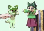  3girls :&lt; animal_ears arched_bangs blue_eyes cat cat_ears closed_mouth commentary_request crossover frown green_background green_footwear green_hair holding holding_pokemon kusuriya_no_hitorigoto le4ng_liing maomao_(kusuriya_no_hitorigoto) mini_person minigirl multiple_girls pokemon pokemon_(anime) pokemon_(creature) pokemon_horizons shirt shoes short_hair simple_background skirt sleeves_past_elbows sprigatito wide_sleeves 