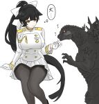  black_hair bow commentary_request elbow_spikes extra_ears giant giant_monster gloves godzilla godzilla_(minus_one) hair_bow hair_ears hair_flaps highres ibuki_(tulta_icon) kaijuu military_uniform monster pantyhose personification ponytail ribbon simple_background spines takao_(azur_lane) thighband_pantyhose uniform white_background white_bow white_gloves white_ribbon yellow_eyes 