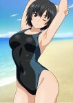 1girl amagami armpits arms_up beach black_eyes black_hair black_one-piece_swimsuit blue_sky bob_cut breasts cloud competition_swimsuit covered_navel day highleg highleg_swimsuit highres horizon nanasaki_ai ocean one-piece_swimsuit one_eye_closed outdoors parted_lips short_hair sky small_breasts solo stretching swimsuit two-tone_swimsuit yuuyuu_(3jjbn) 