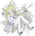  1girl ahoge animal_ears apron bare_shoulders blue_choker blue_eyes cable cat_ears cat_girl cat_tail choker daizu_(melon-lemon) drawing_tablet full_body glasses green_hair hair_intakes hands_up highres holding holding_stylus icon_(computing) knees_together_feet_apart long_hair looking_at_viewer maid_headdress off_shoulder one_eye_closed open_clothes open_mouth open_shirt original own_hands_together semi-rimless_eyewear shoes sitting solo stylus swimsuit swimsuit_under_clothes tail thighhighs under-rim_eyewear uwabaki very_long_hair vibrator_cord waist_apron white_footwear white_thighhighs 