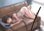  bare_legs barefoot brown_hair brushing_teeth camisole cellphone couch feet katana legs motsu_rebaa original panties phone short_hair solo sword toothbrush underwear weapon 