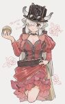  1girl alternate_costume belt blush bow brown_belt brown_bow brown_choker brown_dress brown_eyes choker cowboy_shot dress eyewear_on_head frilled_dress frills gear_hat_ornament hair_bow hair_over_one_eye hand_on_own_hip hat highres juliet_sleeves kemono_friends long_hair long_sleeves looking_at_viewer ox_ears ox_girl ox_horns ox_tail puffy_sleeves red_dress shimazoenohibi sidelocks smile solo steampunk top_hat twintails two-tone_dress white_hair yak_(kemono_friends) 