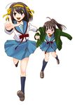  bad_anatomy brown_eyes brown_hair dragging genderswap genderswap_(mtf) hairband kita_high_school_uniform kyonko long_hair multiple_girls ponytail school_uniform sentape serafuku short_hair suzumiya_haruhi suzumiya_haruhi_no_yuuutsu 