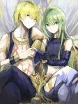  1boy 1other absurdres bare_shoulders black_gloves black_tank_top black_vest blonde_hair blue_pants bracer closed_mouth collarbone crossed_legs cup earrings elbow_gloves enkidu_(fate) ezu_(e104mjd) fate/grand_order fate_(series) gilgamesh_(fate) gloves gold_bracelet gold_earrings gold_necklace green_eyes green_hair hair_between_eyes highres holding holding_cup jewelry long_hair looking_at_viewer navel neck_ring necklace open_clothes open_vest pants red_eyes short_hair sidelocks sitting smile tank_top v-shaped_eyebrows vest 