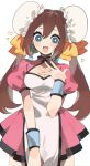 1girl blue_eyes blush_stickers bow breasts brown_hair chinese_clothes cleavage cleavage_cutout clothing_cutout double_bun dress earrings hair_bow hair_bun heart highres jewelry kawasaki_(kwsk_8765) long_hair looking_down maid medium_breasts pink_dress pokemon pokemon_bw2 rosa_(pokemon) simple_background solo twitter_username white_background yellow_bow 
