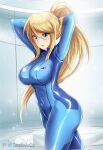  1girl :o arms_behind_head arms_up blonde_hair blue_bodysuit blue_eyes blush bodysuit breasts canadiananiguy cowboy_shot hands_in_hair highres impossible_bodysuit impossible_clothes large_breasts long_hair looking_at_viewer metroid mole mole_under_mouth ponytail samus_aran shiny_clothes skin_tight solo thighs zero_suit 