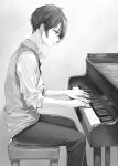  1boy collared_shirt commentary_request greyscale head_tilt highres instrument looking_down male_focus masachika_kuze momoko_(momopoco) monochrome music novel_illustration official_art pants piano playing_instrument playing_piano school_uniform second-party_source shirt short_hair simple_background sitting sleeves_rolled_up smile solo tokidoki_bosotto_roshia-go_de_dereru_tonari_no_arya-san 