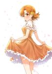  1girl absurdres b1ack_illust bare_legs blush breasts dress falling_petals feet_out_of_frame flower hair_flower hair_ornament highres idolmaster idolmaster_million_live! looking_at_viewer looking_to_the_side orange_dress orange_hair petals pinafore_dress puffy_short_sleeves puffy_sleeves shirt short_sleeves skirt_hold sleeveless sleeveless_dress small_breasts smile solo white_shirt yabuki_kana 