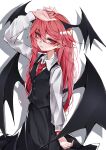  1girl 33_gaff absurdres bat_wings black_skirt black_vest collared_shirt commentary hair_between_eyes head_wings highres koakuma long_hair long_sleeves looking_at_viewer multiple_wings necktie red_eyes red_hair red_necktie shirt simple_background skirt solo touhou vest white_background white_shirt wings 