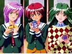  90s asou_kasumi blue_eyes blush brown_eyes checkered column_lineup gift green_eyes green_hair green_shirt hibikino_high_school_uniform hinomoto_hikari holding holding_gift kokura_masashi long_hair mole mole_under_eye multiple_girls official_art oldschool purple_hair red_hair scan school_uniform shirt short_hair tokimeki_memorial tokimeki_memorial_2 wallpaper yae_kaori 