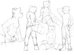 anthro arm_tuft barefoot bottomwear canid cheek_tuft clothed clothing elbow_tuft facial_tuft feet front_view guide_lines hair male mammal monochrome nipples pache_riggs rear_view shirt short_hair shorts side_view simple_background sketch sketch_page solo standing t-shirt topless topwear tuft