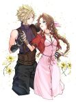  1boy 1girl 26caaan aerith_gainsborough armor baggy_pants bangle belt black_gloves blonde_hair blue_eyes blue_shirt bracelet braid braided_ponytail breasts brown_belt brown_hair buttons choker cleavage closed_mouth cloud_strife couple cropped_jacket cropped_legs dress falling_petals final_fantasy final_fantasy_vii final_fantasy_vii_rebirth final_fantasy_vii_remake flower flower_choker gloves green_eyes grey_pants hair_between_eyes hair_ribbon hetero highres holding_hands hover_hand jacket jewelry light_smile lily_(flower) long_dress long_hair looking_at_another medium_breasts multiple_belts pants parted_bangs parted_lips petals pink_dress pink_ribbon puffy_short_sleeves puffy_sleeves red_jacket ribbon shirt short_hair short_sleeves shoulder_armor sidelocks single_bare_shoulder single_braid single_shoulder_pad sleeveless sleeveless_turtleneck smile spiked_hair suspenders turtleneck wavy_hair white_background yellow_flower yellow_petals 