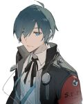  1boy ahoge armband black_jacket black_ribbon blue_eyes blue_hair closed_mouth collared_shirt earphones gekkoukan_high_school_uniform hair_between_eyes headphones headphones_around_neck jacket looking_at_viewer male_focus neck_ribbon open_clothes open_jacket persona persona_3 persona_3_reload popped_collar red_armband ribbon s.e.e.s school_uniform shirt short_hair solo upper_body white_background white_shirt xing_20 yuuki_makoto_(persona_3) 