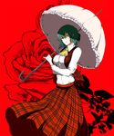  ascot banned_artist breasts flower frown green_hair harano impossible_clothes impossible_shirt kazami_yuuka large_breasts parasol plaid plaid_skirt plaid_vest red_background red_eyes red_flower red_rose rose shade shirt short_hair skirt skirt_set solo touhou umbrella vest 
