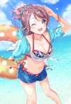 1girl blue_eyes blush breasts brown_hair highres iroenpitsu_xxx looking_at_viewer love_live! love_live!_sunshine!! ocean ponytail short_hair simple_background sky smile solo swimsuit thighs watanabe_you water wavy_hair 