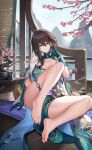  1girl absurdres bare_legs bare_shoulders barefoot breasts brown_dress brown_hair cherry_blossoms cleavage detached_collar dress elbow_gloves feet gloves gold_trim green_dress green_eyes green_gloves hair_ornament highres honkai:_star_rail honkai_(series) incense_burner jewelry kacyu large_breasts legs long_hair looking_at_viewer nail_polish necklace pearl_necklace pelvic_curtain ponytail ruan_mei_(honkai:_star_rail) sidelocks sitting soles solo thigh_strap toenail_polish toenails toes two-tone_dress variant_set 