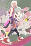  1boy :d ^_^ animal_ears animal_print arm_up black_leggings cat_ears clenched_hands closed_eyes converse full_body gradient_hair grey_hair headphones koike3582 leggings legs_apart multicolored_hair no_lineart octoling octoling_boy octoling_player_character octopus_print open_mouth print_shirt purple_hair purple_shirt red_footwear shirt shoelaces short_sleeves smile solo splatoon_(series) standing teeth tentacle_hair torn_clothes torn_leggings two-tone_footwear two-tone_hair white_footwear 