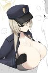  1boy 1girl black_coat black_gloves black_hat blue_archive breasts closed_mouth coat eyepatch frown gloves green_eyes halo hat highres large_breasts long_sleeves nao_(ritsancrossover) paizuri peaked_cap suou_(blue_archive) 