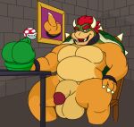 ambiguous_gender anthro balls big_balls big_butt big_pecs big_penis bowser bracelet brick butt chair claws elemental_creature finger_claws flaccid flora_fauna furniture genitals gesture hair half-closed_eyes hand_gesture hand_on_knee hand_on_leg hi_res horn jewelry koopa looking_at_viewer male mario_bros middle_finger musclegut muscular narrowed_eyes nintendo open_mouth pecs penis pipe piranha_plant plant red_eyes red_hair scalie shell sitting smile spikes table teeth tongue waniiime_(artist)