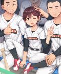  1girl 3boys abubu baseball_bat baseball_uniform belt black_hair breasts brown_eyes brown_hair child closed_eyes closed_mouth commentary_request english_commentary grin hair_ornament hairclip hand_on_another&#039;s_head hand_on_another&#039;s_thigh highres looking_at_viewer multiple_boys one_eye_closed open_mouth original shoes short_hair short_sleeves sitting small_breasts smile sportswear spread_legs thumbs_up tomboy v very_short_hair 