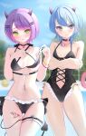  2girls :3 ass_visible_through_thighs bikini blue_eyes blue_hair blush breasts choker clothing_cutout cross-laced_clothes cross-laced_cutout crossed_arms demon_girl demon_horns demon_tail earrings fang fang_out green_eyes hair_ornament hairclip highres hololive horns hoshimachi_suisei jewelry kurusu_rei leg_tattoo long_hair looking_at_viewer multicolored_hair multiple_girls nail_polish navel navel_piercing necklace one-piece_swimsuit outdoors piercing pink_hair pool poolside purple_hair short_hair small_breasts smile stomach_cutout swimsuit tail tattoo thigh_gap thigh_strap tokoyami_towa virtual_youtuber winged_heart_tattoo 