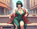  1girl abs absurdres artist_name bare_shoulders black_hair breasts breasts_apart building city cleavage closed_mouth coat covered_navel day dress fubuki_(one-punch_man) fur_coat fur_trim green_dress green_eyes green_hair highres jewelry large_breasts lips long_sleeves looking_at_viewer necklace one-punch_man outdoors patreon_logo patreon_username short_hair sitting sky skyline skyscraper solo solo_focus thick_thighs thighs window 