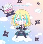  2boys :d black_footwear black_gloves black_jacket black_pants blonde_hair blue_eyes blue_hair chibi cloud commentary_request fang full_body gloves hair_between_eyes happy_birthday highres idol_land_pripara jacket kuji-in long_hair long_sleeves looking_at_viewer male_focus mini_person miniboy multicolored_hair multiple_boys on_cloud ooedo_shinya open_mouth pants pink_eyes pink_hair poro_(pweedro) pretty_series pripara short_hair shuriken sky smile solo_focus standing streaked_hair sweatdrop ushimitsu_(pripara) weapon 