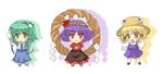  afuro blonde_hair chibi detached_sleeves eyes frog green_hair hairband hat kochiya_sanae moriya_suwako multiple_girls purple_hair red_eyes rope short_hair snake touhou yasaka_kanako yellow_eyes 