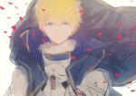  1boy armor arthur_pendragon_(fate) blonde_hair blue_cape breastplate cape closed_mouth ebi_(6_5) falling_petals fate/grand_order fate_(series) fur_trim green_eyes looking_at_viewer male_focus petals short_hair simple_background smile solo upper_body white_background 