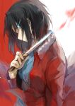  1girl black_hair blue_dress blue_eyes breasts commentary_request dress ezu_(e104mjd) fur-trimmed_jacket fur_trim hand_up highres holding holding_knife jacket kara_no_kyoukai knife long_sleeves looking_at_viewer medium_breasts open_clothes open_jacket red_background red_jacket ryougi_shiki short_hair solo standing white_background 