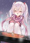  1girl ^_^ blurry blurry_background blush closed_eyes commentary_request depth_of_field dot_nose facing_viewer flat_chest grill hair_between_eyes happy_tears highres long_hair long_sleeves milkshakework mittens open_mouth original pink_scarf scarf sidelocks sitting skirt snow snowing solo tears thighhighs thighs twintails white_hair winter winter_clothes 