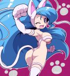  animal_ears animal_hands ass blue_hair breasts capcom cat_ears cat_paws cat_tail fang felicia_(vampire) green_eyes large_breasts long_hair nollety one_eye_closed revealing_clothes tail thighs vampire_(game) very_long_hair 