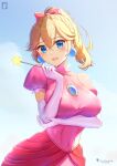  1girl absurdres blonde_hair blue_eyes chinchongcha dress earrings elbow_gloves gloves highres jewelry long_hair looking_at_viewer mario_(series) official_alternate_costume ponytail princess_peach princess_peach:_showtime! smile solo sphere_earrings white_gloves 