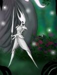 anthro armor arthropod bottomwear clothing dress dryya_(hollow_knight) female fighting_pose forest forest_background garden hi_res hollow_knight insect melee_weapon nail_(weapon) nature nature_background plant pose skirt slim solo team_cherry the_nameless_guy tree weapon white_armor white_body white_bottomwear white_clothing white_dress white_skirt