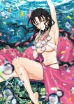  1girl air_bubble arm_up armpits bare_legs barefoot bikini black_hair bracelet braid breasts bubble caustics chest_tattoo closed_mouth commentary earrings falling_petals fate/grand_order fate_(series) feet_out_of_frame flower forehead_tattoo hair_flower hair_ornament hand_up highres index_finger_raised jewelry large_breasts lips long_hair looking_at_viewer merokonbu0 multicolored_hair navel necklace parted_bangs pearl_bracelet pearl_earrings pearl_necklace petals pink_bikini pink_flower pink_hair pink_sarong sessyoin_kiara sessyoin_kiara_(swimsuit_mooncancer) sessyoin_kiara_(swimsuit_mooncancer)_(first_ascension) shell shell_necklace smile solo streaked_hair swimsuit tattoo twin_braids underboob underwater very_long_hair white_bikini yellow_eyes 