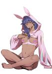  animal_ears arm_support barefoot breast_cutout closed_mouth commentary_request cropped_jacket facial_hair fake_animal_ears hand_up head_tilt highres hood hood_up hooded_jacket jacket knees leon_(pokemon) long_hair long_sleeves midriff navel pectorals pokemon pokemon_swsh purple_hair rabbit_ears sitting sleeves_past_wrists smile toes white_background yellow_eyes yunoru 