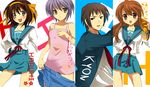  3girls :d asahina_mikuru bad_id bad_pixiv_id blue_skirt brown_eyes brown_hair camisole collarbone contrapposto hayama_eishi kita_high_school_uniform kyon long_sleeves looking_at_viewer multiple_girls nagato_yuki open_mouth orange_hair purple_hair sailor_collar school_uniform serafuku short_hair simple_background skirt smile standing suzumiya_haruhi suzumiya_haruhi_no_yuuutsu undressing white_background 