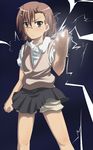  asymmetrical_bangs bad_id bad_pixiv_id bangs biribiri brown_eyes brown_hair delf electricity frown misaka_mikoto school_uniform short_hair shorts skirt solo sweater_vest to_aru_majutsu_no_index vest 