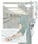  1boy blood final_fantasy final_fantasy_vii final_fantasy_vii_ever_crisis green_eyes grey_hair grey_shirt hair_between_eyes highres hospital hospital_gown indoors intravenous_drip iv_stand lentymet male_focus medium_hair overhead_lights sephiroth shirt short_sleeves sleeves_rolled_up solo upper_body 