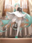  1girl absurdres after0217 bare_shoulders blurry blurry_background character_name dancing dress elbow_gloves from_below full_body gloves gramophone_miku green_eyes green_hair hair_between_eyes hatsune_miku high_heels highres light_particles long_hair looking_ahead miku_symphony_(vocaloid) open_mouth panties skindentation smile solo standing standing_on_one_leg strapless strapless_dress thighhighs thighs twintails underwear very_long_hair vocaloid white_panties white_thighhighs 